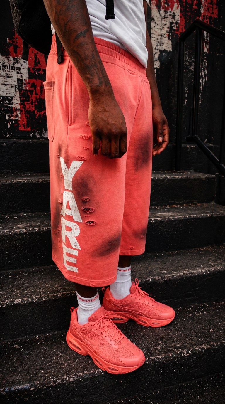 RELIC 3/4 shorts in salmon with a large white vertical YARE print running down the leg