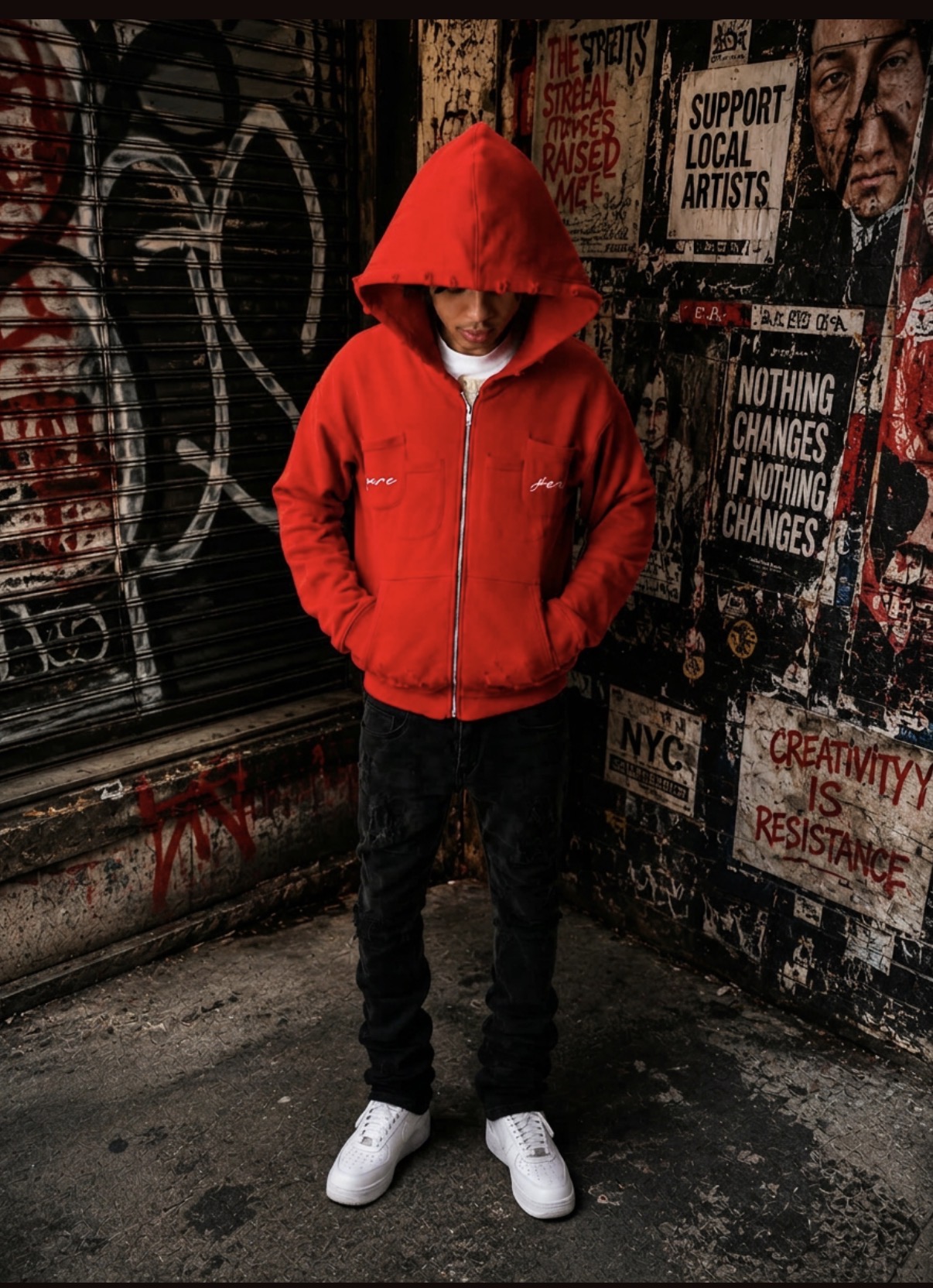Full-length streetwear shot of a young man in the red Double Pocket YARE Jacket against a layered urban poster wall