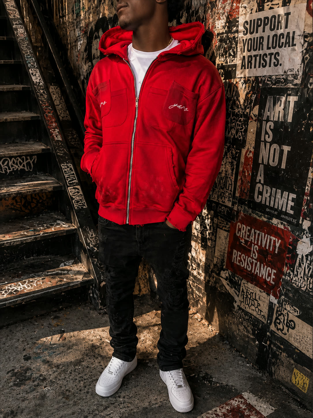 YARE Clothing streetwear photograph of a young man in the red Double Pocket YARE Jacket beside a graffiti stairwell and poster wall