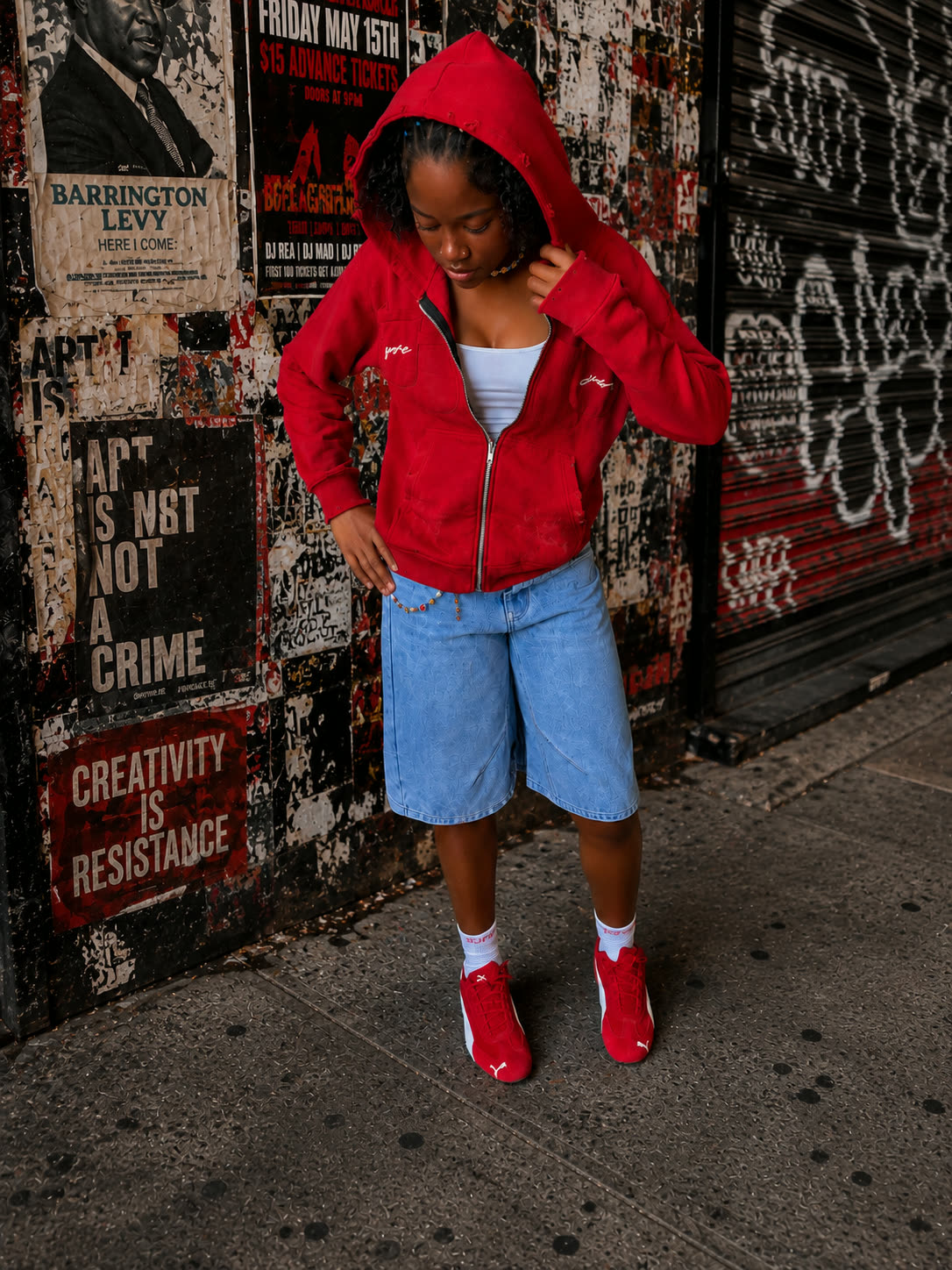 Streetwear lookbook image showing the red Double Pocket YARE Jacket styled on a city street
