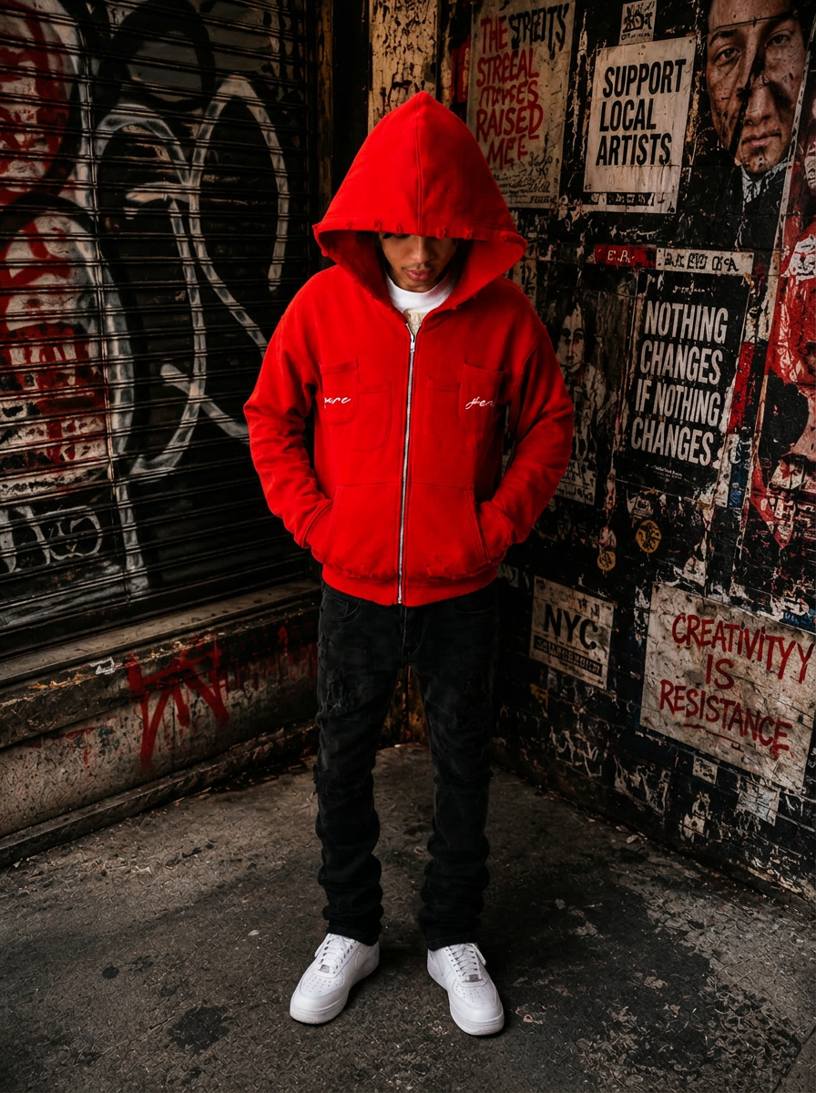 Model wearing the red Double Pocket YARE Jacket hood-up on a city street